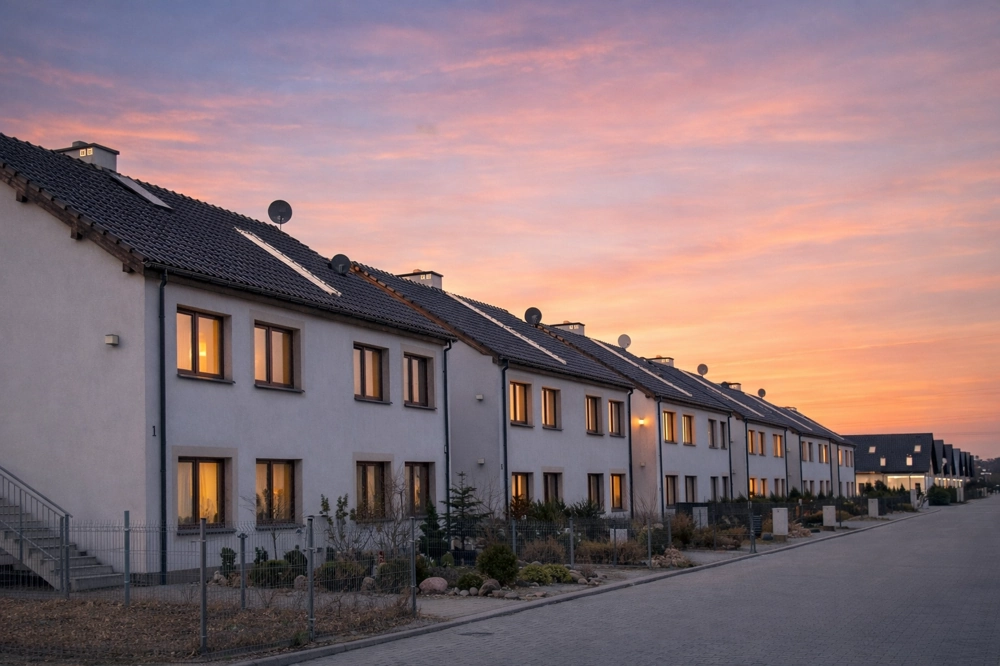 Szeregowe nowe domy z oświetlonymi oknami o zmierzchu – Budowa domów pod klucz