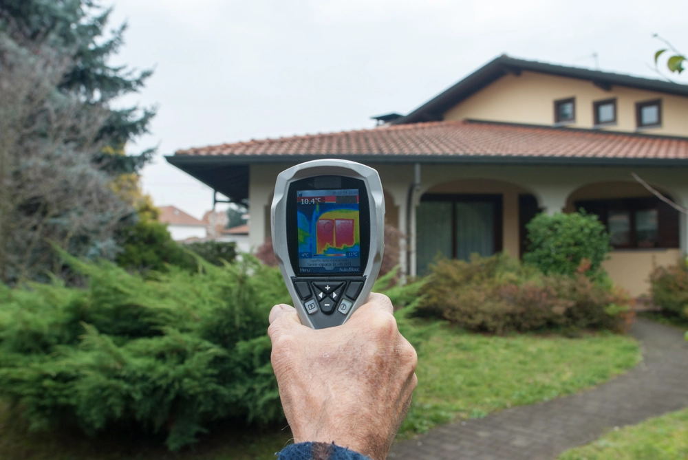 Badanie kamerą termowizyjną: ręka trzyma urządzenie skierowane na elewację domu