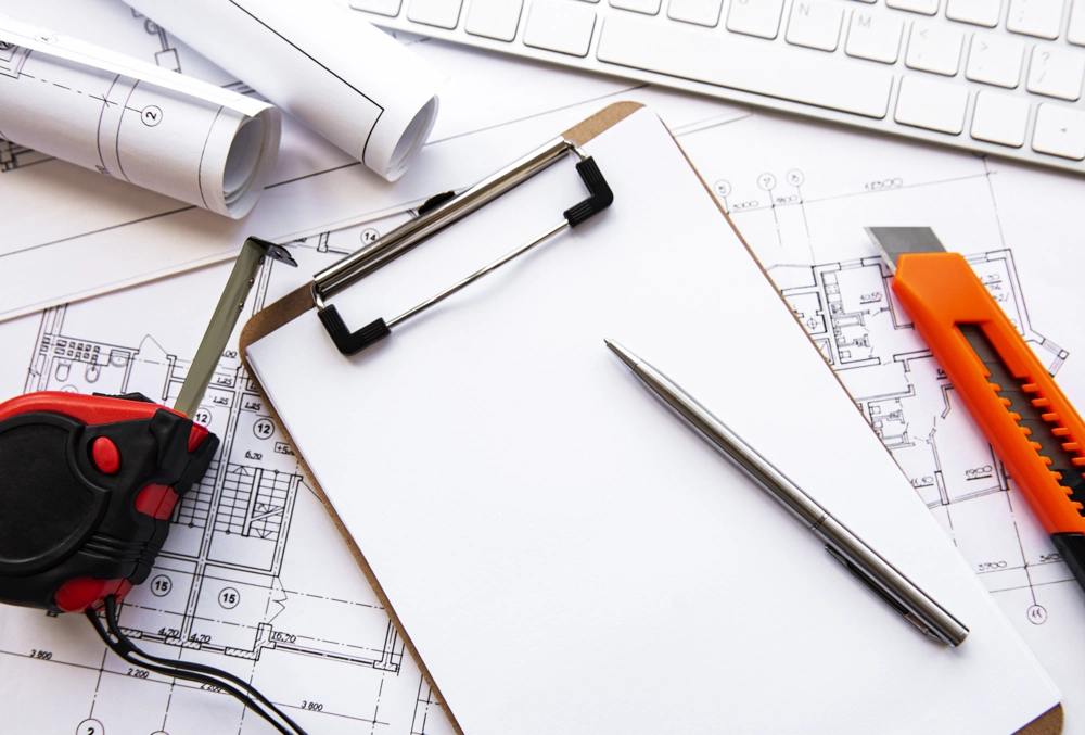 Clipboard z pustą kartką na tle planów architektonicznych, taśma miernicza i nóż – kosztorys budowlany