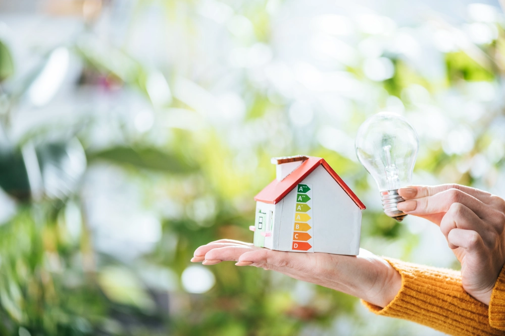 Model domu z etykietą efektywności energetycznej i żarówką w dłoniach prezentujący świadectwo charakterystyki energetycznej