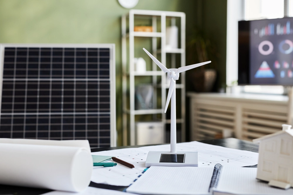 Model turbiny wiatrowej i panelu słonecznego na biurku z dokumentacją projektową, Świadectwo charakterystyki energetycznej